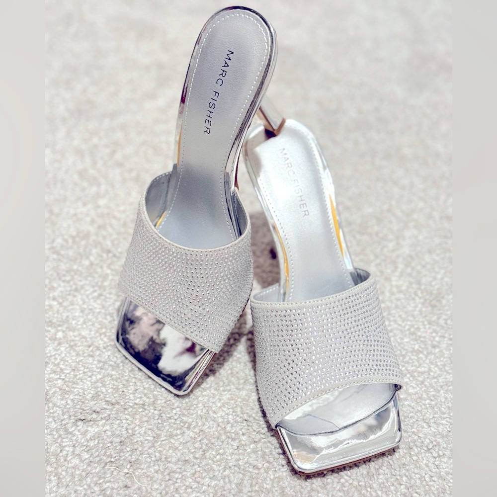 Marc Fisher Silver studded open toe heels